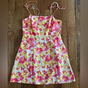 Linen Blend Yellow Pink Floral Tie-Shoulder Mini Dress Cottagecore Festival L